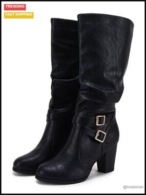 Womens Mid Calf Chunky Heel Boots Faux Leather Buckle Side Zipper